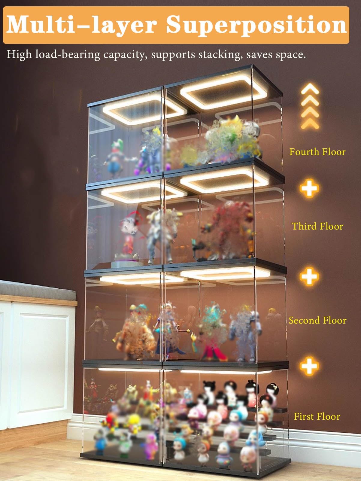 Vetrinetta Espositiva Vetrina con Illuminazione a LED per Action Figure, Contenitori Rettangolari In Acrilico per Giocattoli, Scatola Trasparente Impilabile e Antipolvere(35x15x25cm(14"x6"x10"))