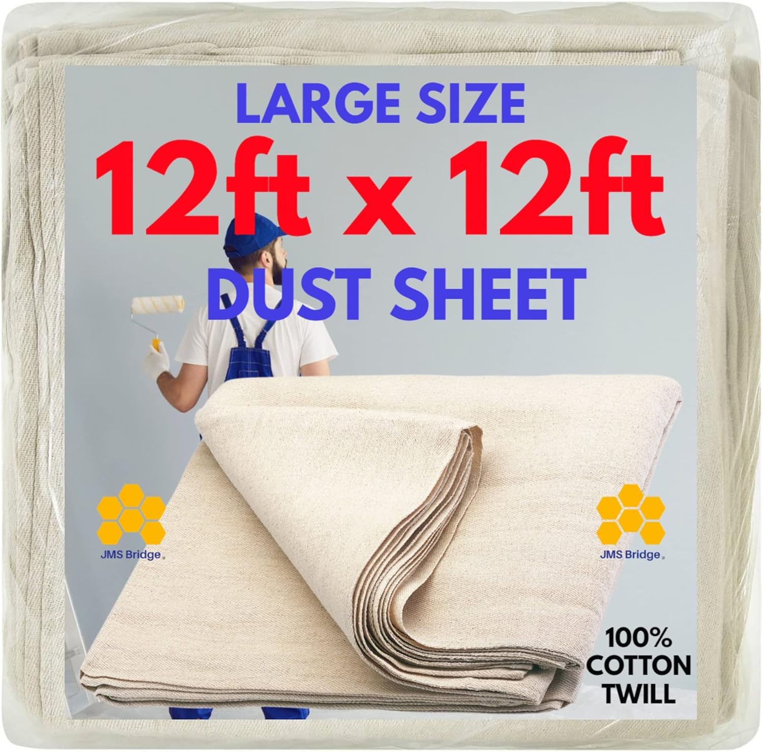 2 x Dust Sheets for Painter & Decorator 12ft x 12ft - Extra Large Heavy Duty Cotton Drop Cloth Washable Reusable Covering for Floors, Furniture & DIY