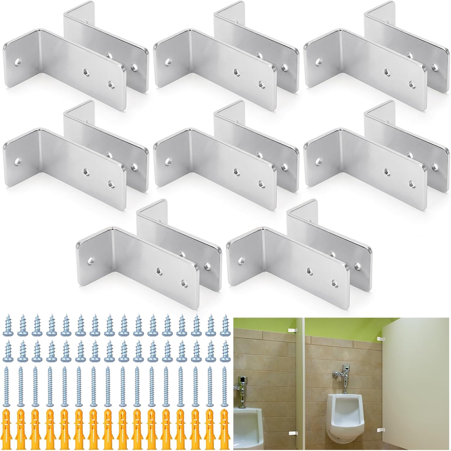Blulu 8 Set L-shaped Urinal Screen Brackets Polished Chrome 2-ear 3.5'' Long for All Panel Thicknesses with Fasteners and Through Bolts Screws Bathroom Partition Hardware Urinal Divider