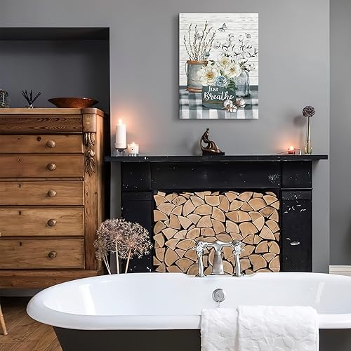 Miniatura 4 de Luslya Arte de pared rústico de algodón blanco con diseño de flores de algodón con texto en inglés "Just Breathe", pintura de baño, pósteres