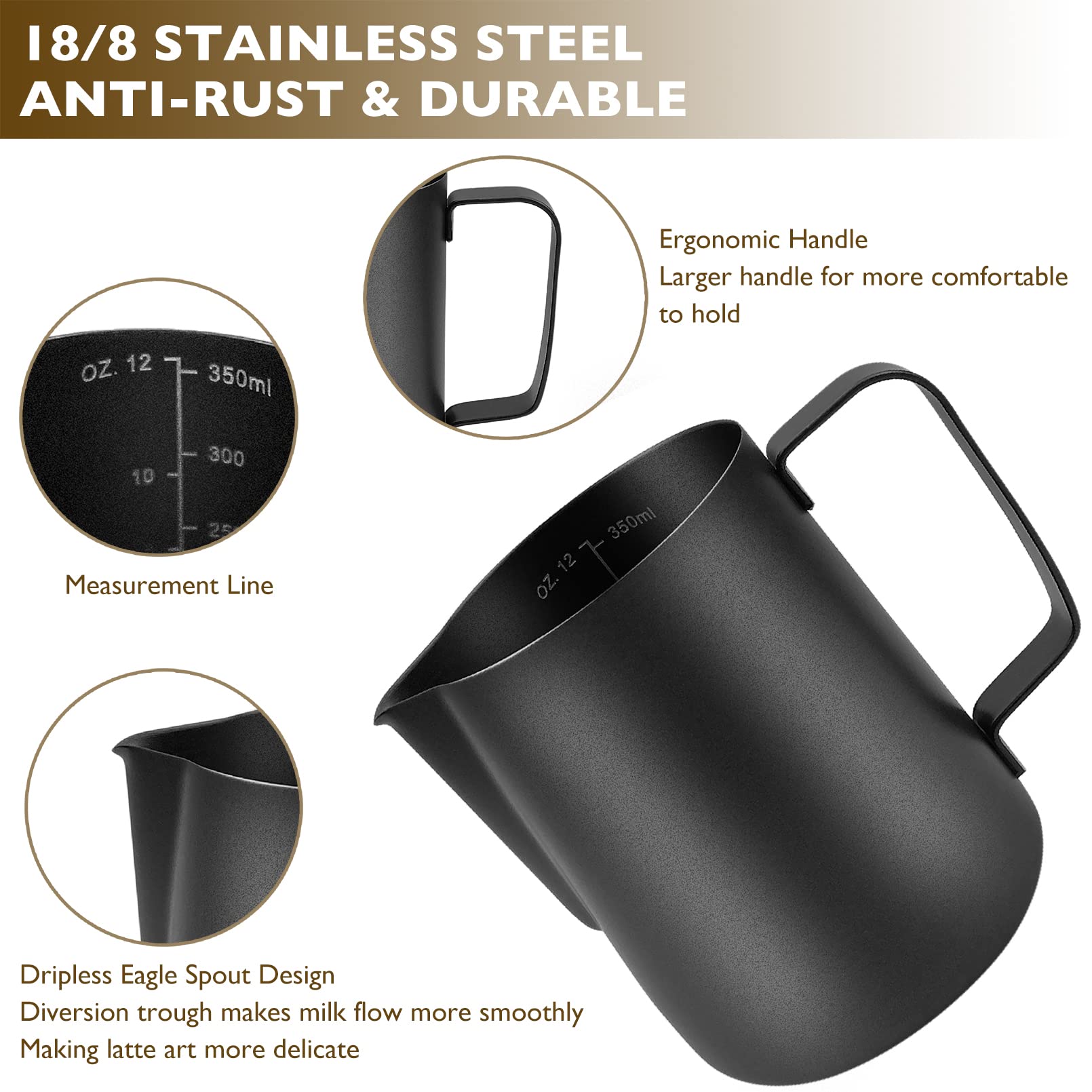 CAMKYDE Jarra de espuma de leche de acero inoxidable de 20 onzas, jarra de vapor espresso con bolígrafo decorativo para máquinas de espresso, capuchino, arte con leche (negro mate)