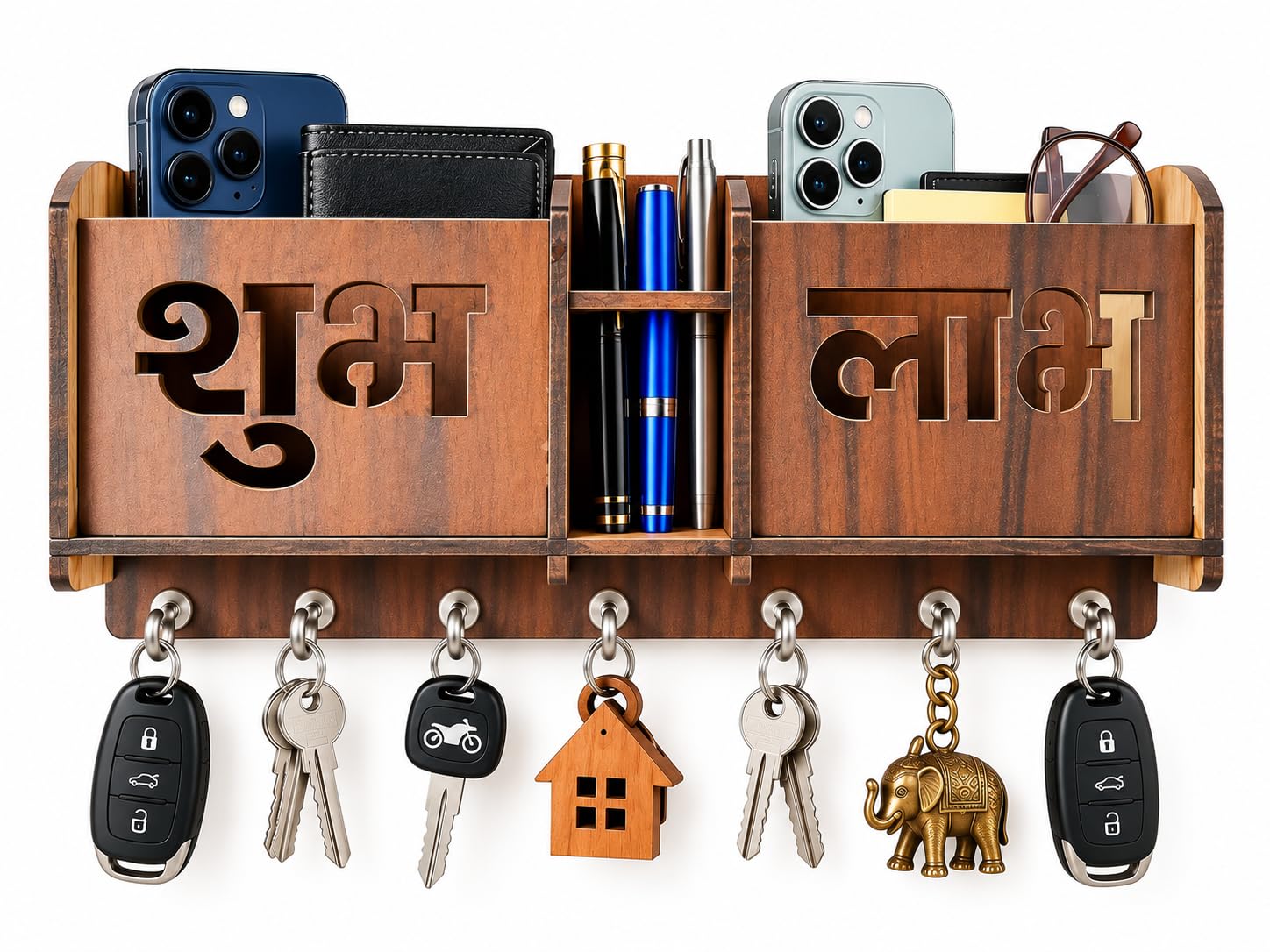 CAPIO ART Wooden Key Holder - 7 Hooks & Mobile Storage -7