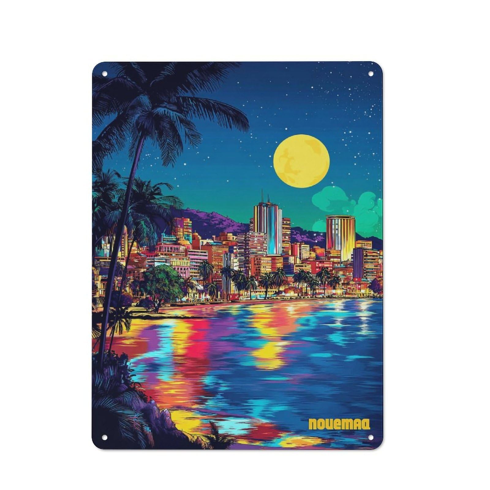 Junmoney Neon Cityscape By The Sea Rustic Metal Plaque 40X30cm For Hobby Room Or Studio, For Creative Interior Collectors