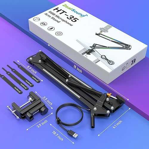 Miniatura 8 de ZealSound Soporte de brazo de micrófono RGB, brazo de micrófono con luz RGB para QuadCast/Blue Yeti/Snowball/Shure SM7B/Rode NT1/Elgato, soporte de