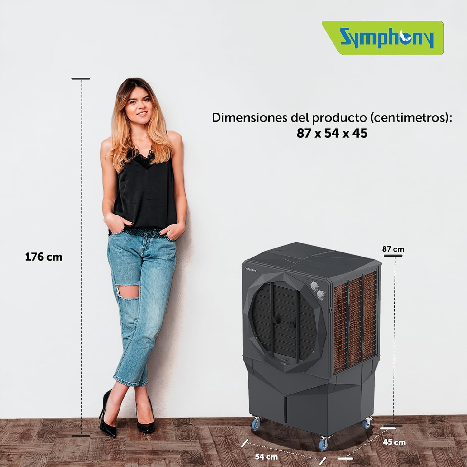Diagram showing the dimensions of the Symphony Ventus 50 air cooler: 87 cm height, 54 cm width, 45 cm length.