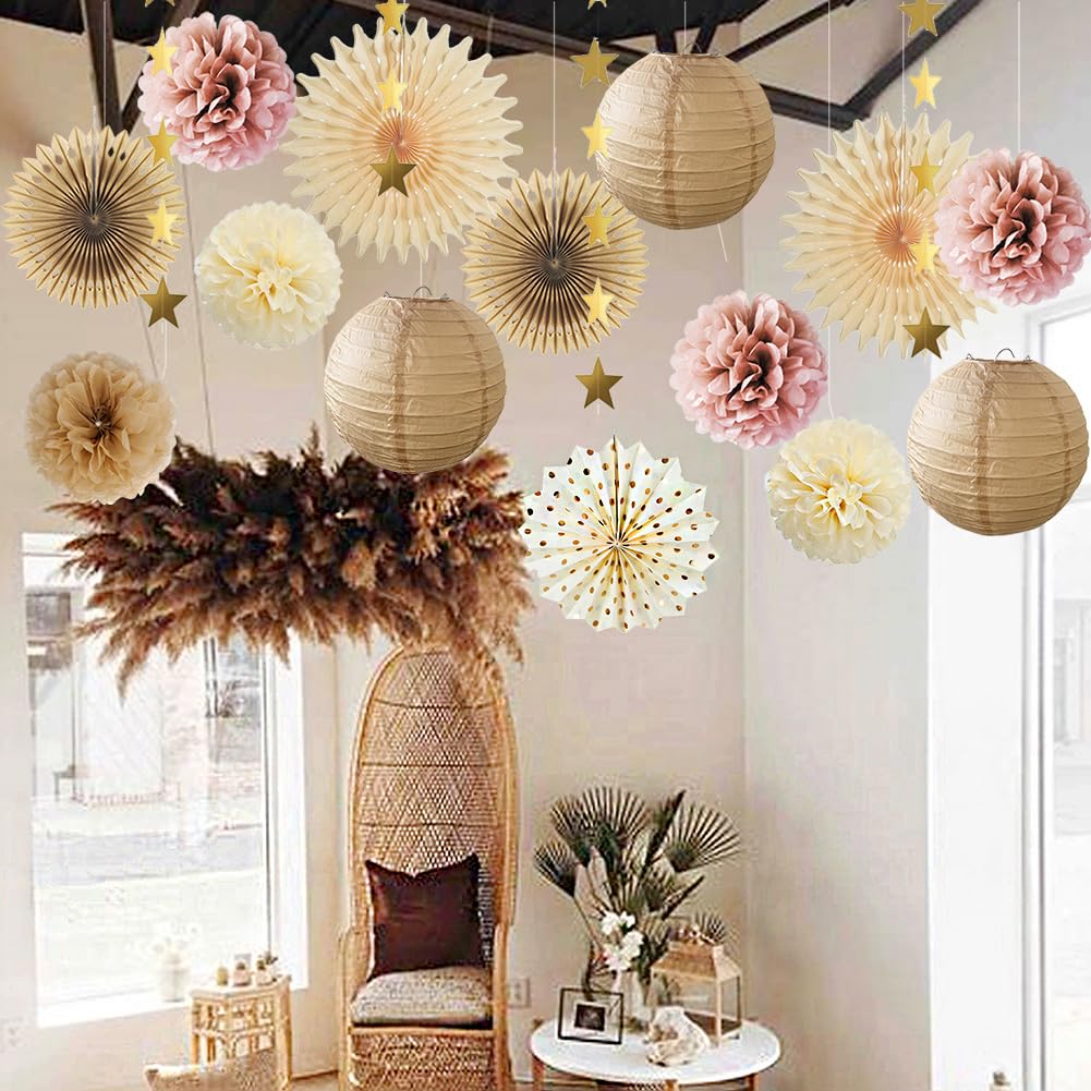 Party Deko Beige Rosa Braun Creme Neutral Boho Babyparty Deko Braun Beige JGA Frauen Altrosa Pompons Papierlaternen Champagner Gold für Boho Geburtstagdeko Brautdusche Hochzeit Junggesellenabschied