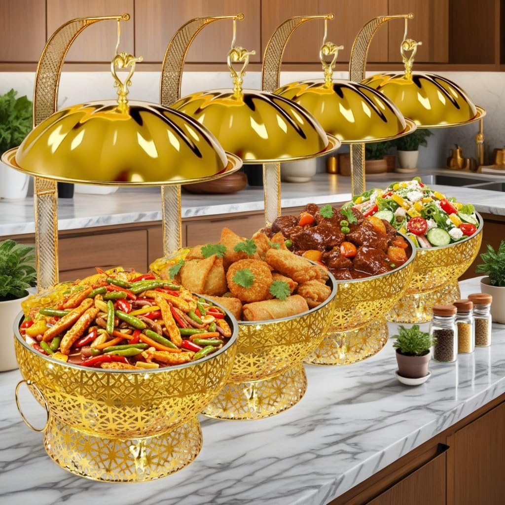 Gold Chafing Dishes for Buffet,8Qt Luxury Chafing Dishes with Hanging,Elegant Hollow-Out Buffet Warmer for Weddings, Parties, Catering & Events,4 Packs