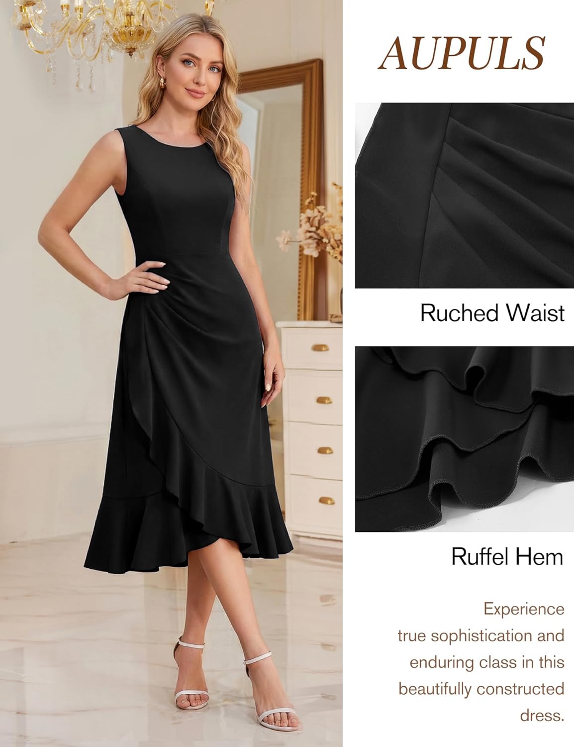 Aupuls Long Ruffel Wedding Guest Dresses for Women Elegant Sleeveless Ruched Waist Formal Prom Dress - Image 5