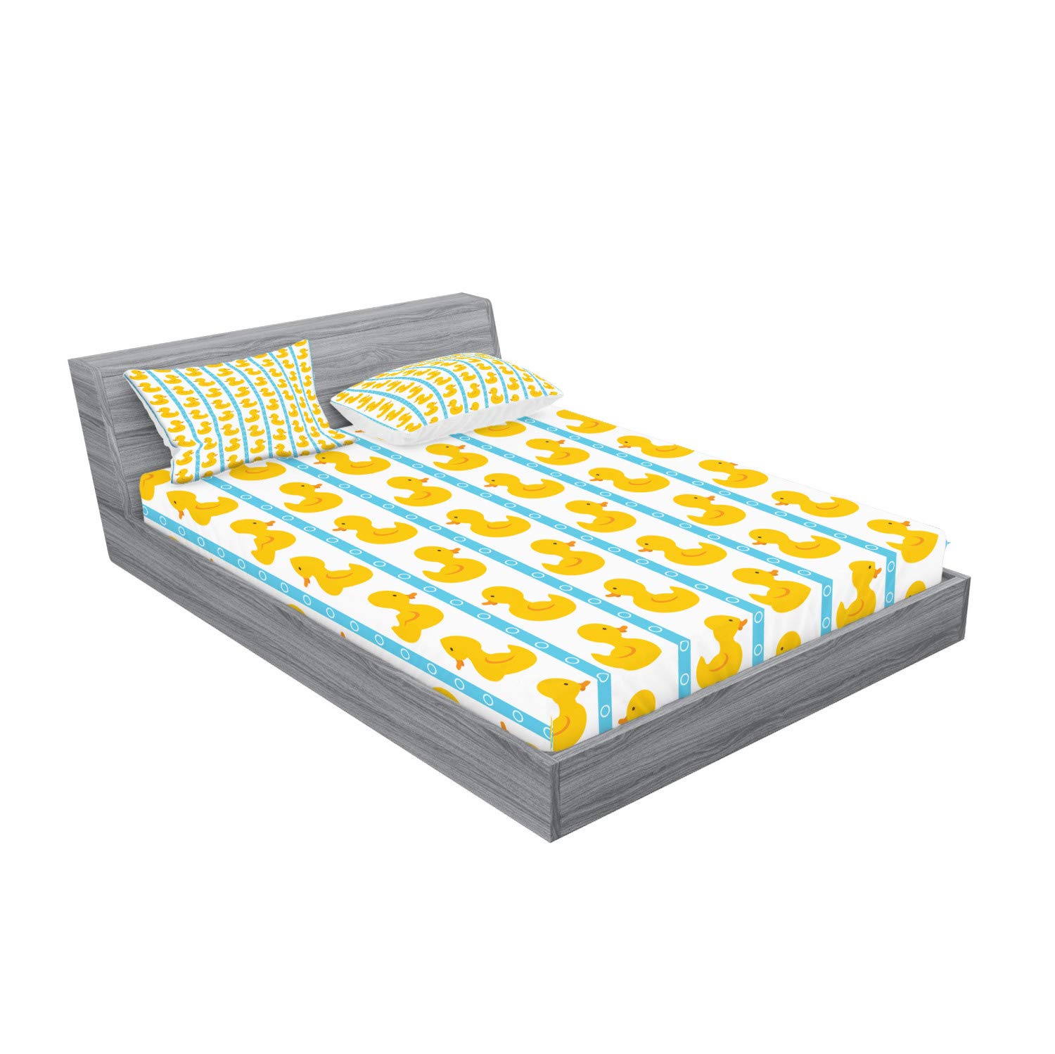 Ambesonne Rubber Duck Fitted Sheet & Pillow Sham Set, Duckies on Stripes and Small Circles Play Toys Pattern Print, Decorative Printed 2 Piece Bedding Decor Set, King, Blue Yellow