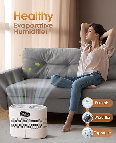 Miniatura 7 de Humidificador evaporativo de mecha reutilizable para dormitorio, humidificador silencioso y saludable para bebé, sin polvo blanco, humidificador
