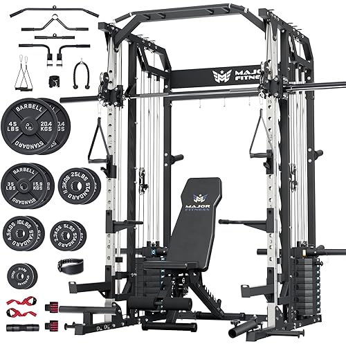 Major Fitness Drone2 Advanced Training Smith Machines– All-in-One Home Gym Squat Rack with Aluminum Pulley Set , Weight Bar, Dual LAT Pull-Down Systems & Cable Crossover Machine for Full-Body Workouts