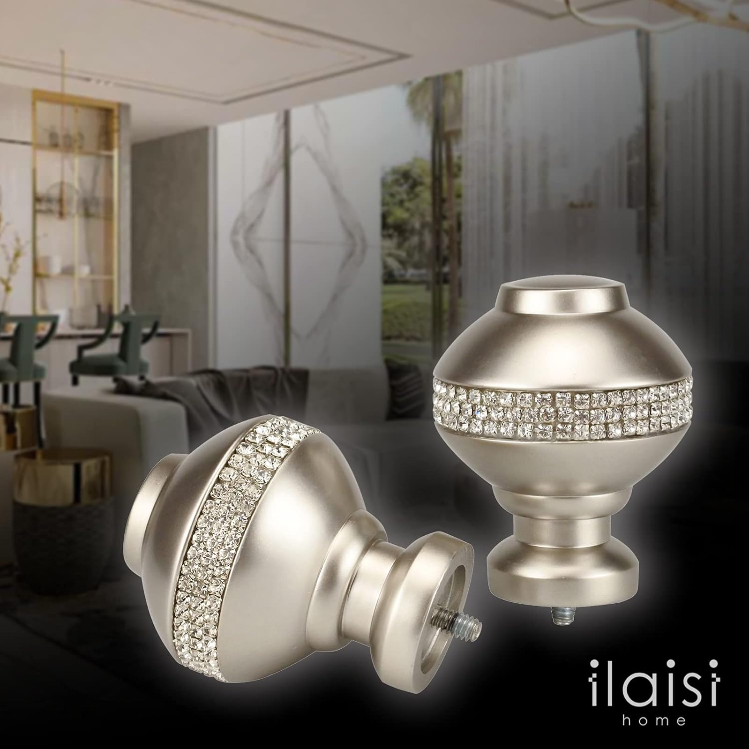 ILAISIHOME Decorative Curtain Rod Finials Luxury Rhinestones Silver Round Finials, Set of 2, Compatible with 1'' or 1-1/8'' dia curtain rod, Standalone finial pair, Silver : Home & Kitchen