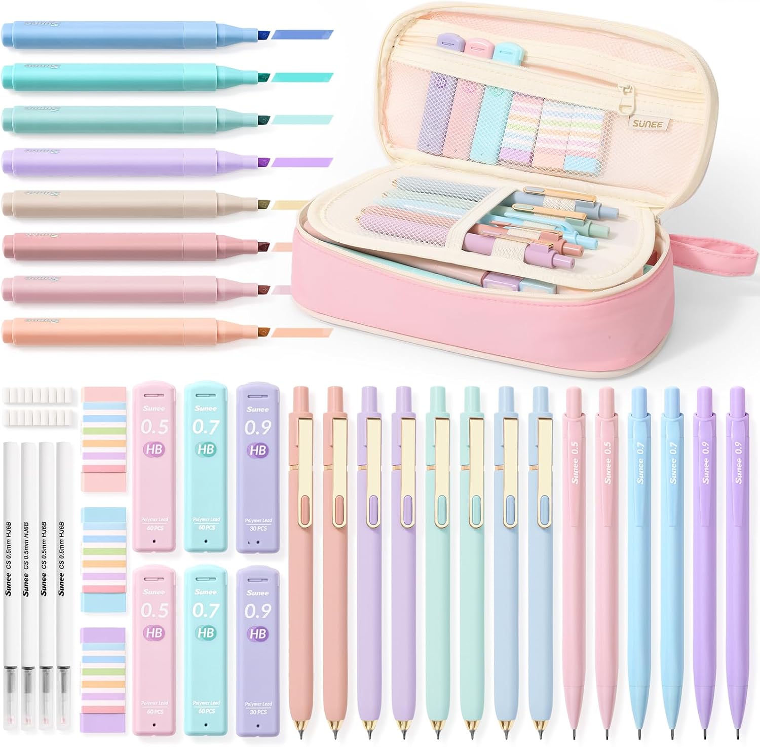 SUNEE Pencil Case with Supplies, 54PCS Aesthetic Stationery Set with 8 Pastel Highlighters, 8 Gel Pens Black Ink, 6 Mechanical Pencils, Back to School, College Essentials for Students, Pink