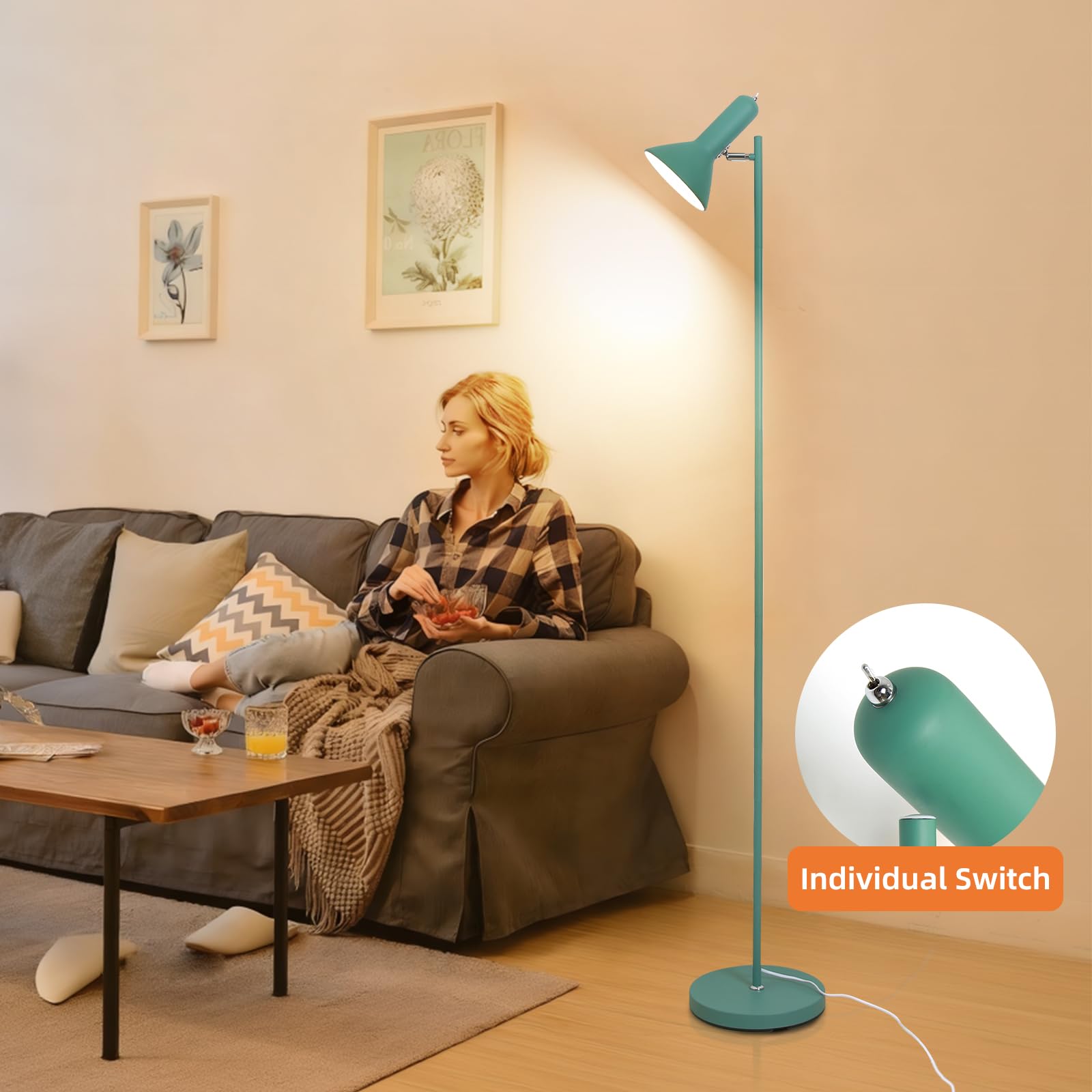 Lampada E27 per piante da interni, lampada da terra con supporto, 1 luce max. 60 W (senza lampadina), lampada da terra in metallo, angolo regolabile con interruttore, per divano, soggiorno, ufficio