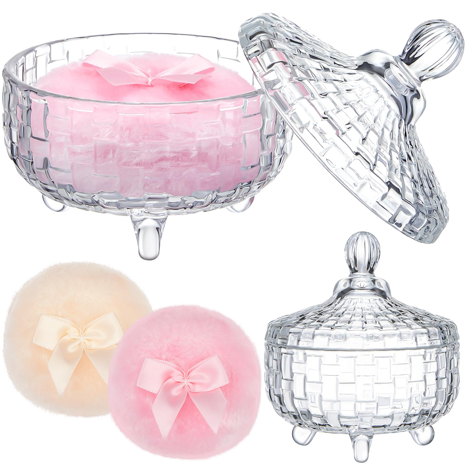 Tioncy 3 Pcs Large Body Powder Puff and Container Valentine's Day gift Powder Container with Puff Crystal Case Soft Washable Reusable Velour Face Body Glitter Wet Dry Makeup(Weave Design,Clear)