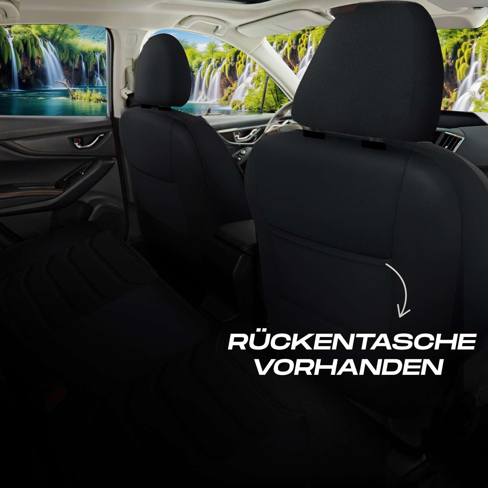 Autositzbezüge Universal für PKW & SUV – Premium Vordersitze Auto Sitzbezug aus Lacoste-Stoff, Schwarz, Airbag-Kompatibel Sitzauflage, Autoschonbezug, Vordersitz-Set inkl. Montageset