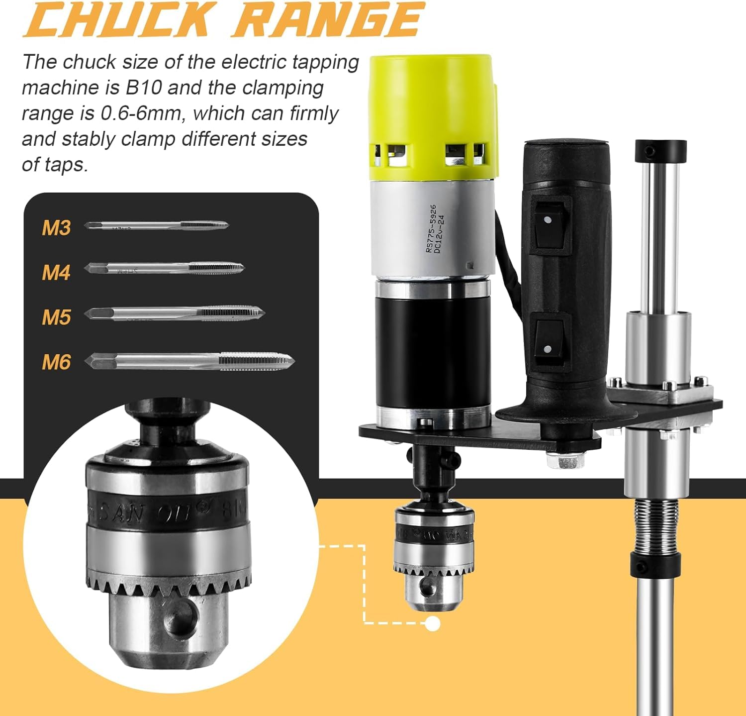 TYH Maschiatrice Elettrica Verticale, Braccio Maschiatore Universale, Legno E Plastica 100-200 Giri/min, con Morsa E 4 Maschi Regolabili per Maschiatrici E Foratrici