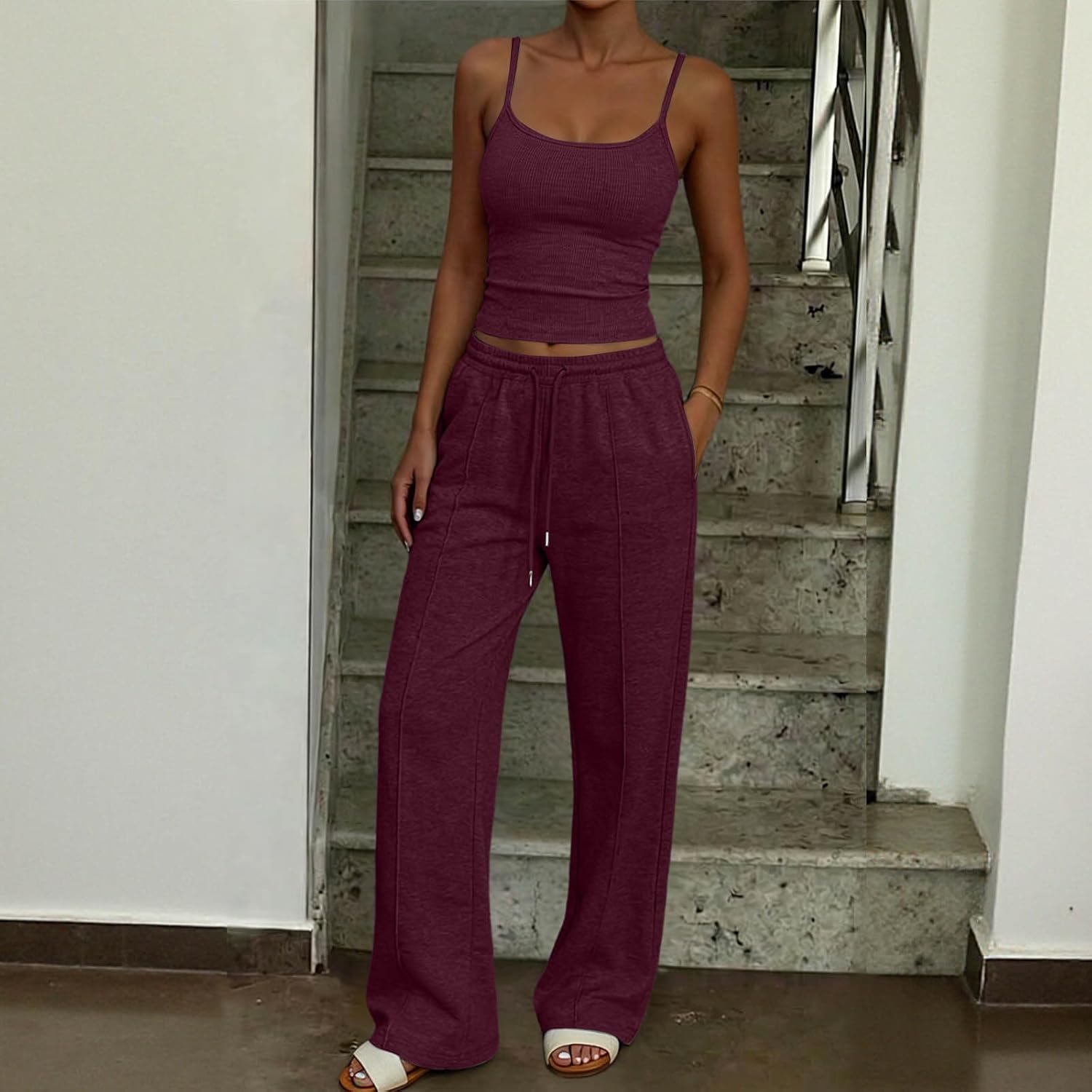 Oplxuo Womens Two Piece Ribbed Lounge Short Sets Spaghetti Strap Tank Tops Wide Leg Pants Casual Airport Travel Outfits