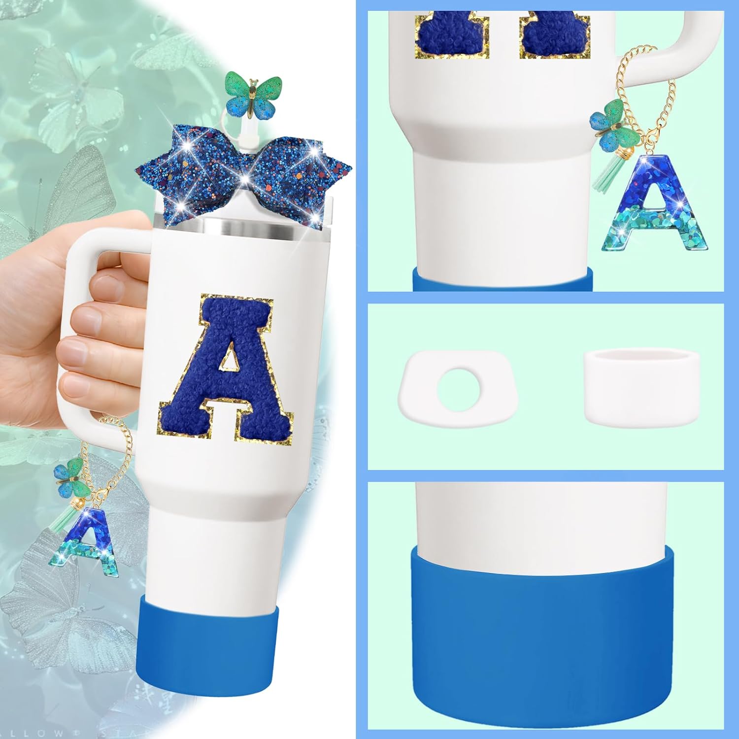 XIANGYUAN 8PCS Cup Accessories Set,Straw Cover Cap for Stanley Cup 30oz or 40oz,Sticker for Stanley Decorations,Initial Letter Charm Personalized (Blue A)
