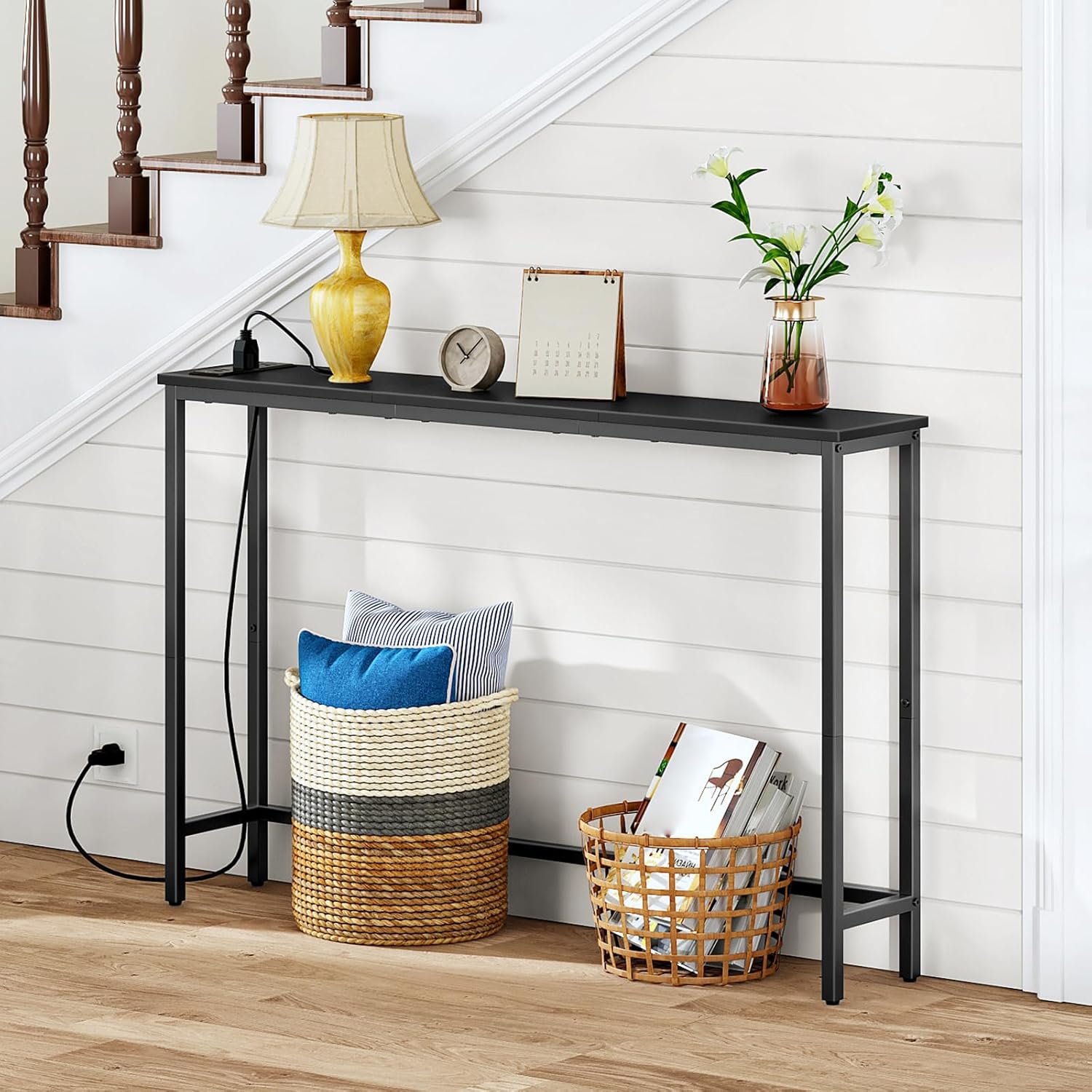 HOOBRO Narrow Console Table with Power Outlets, 44.9 Inches Sofa Table, Slim Behind Couch Table, Entryway Table with Display Shelf, for Living Room, Foyer, Hallway, Black BB114UXG01