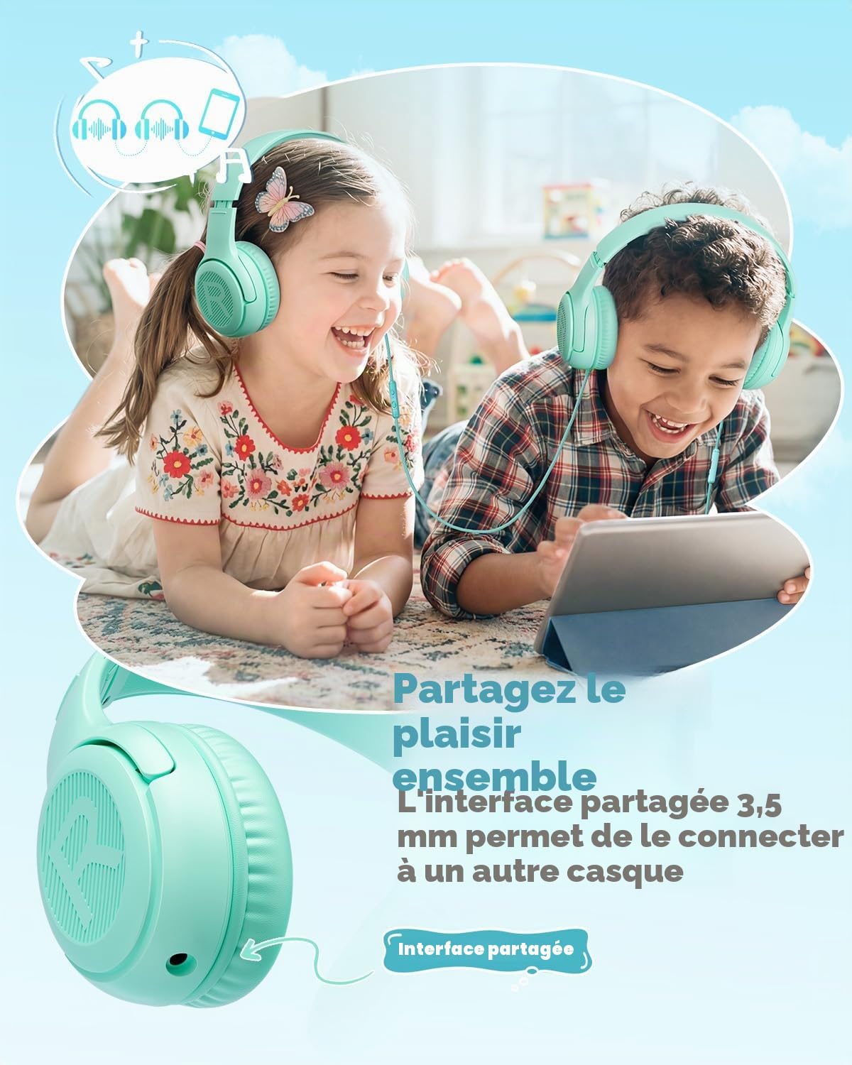 awatrue Casque Audio Enfant, Casque Enfant Filaire avec Volume Limité 85/94db, Fil 3.5 Mm, Pliable, Partager l’Audio, Micro Integré pour Ipad/Voyage/Tablette/Téléphone, Vert