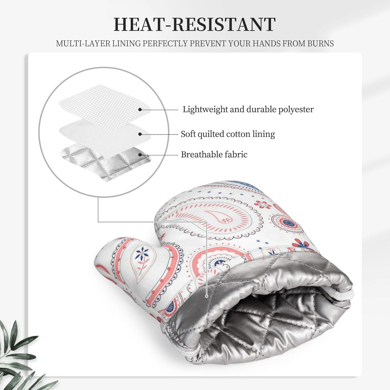 Silicone Oven Mitts and Pot Holders Sets, Home Pink Paisley Heat Resistant BBQ Gloves for Kitchen Baking Cooking Grilling Microwave