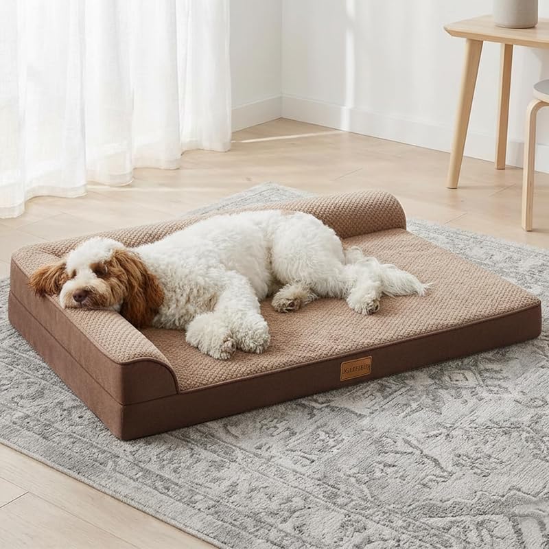 Orthopedic XL Dog Bed Large Sized Dog 42''X28'', Waterproof L Bolster Egg Crate Foam Big Pet Crate Beds with Washable Removable Cover, Non-Slip Soft Pet Couch Sleep Mat, Brown