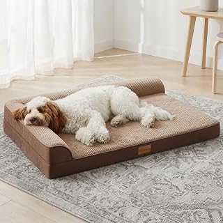 Orthopedic XL Dog Bed Large Sized Dog 42''X28'', Waterproof L Bolster Egg Crate Foam Big Pet Crate Beds with Washable Removable Cover, Non-Slip Soft Pet Couch Sleep Mat, Brown
