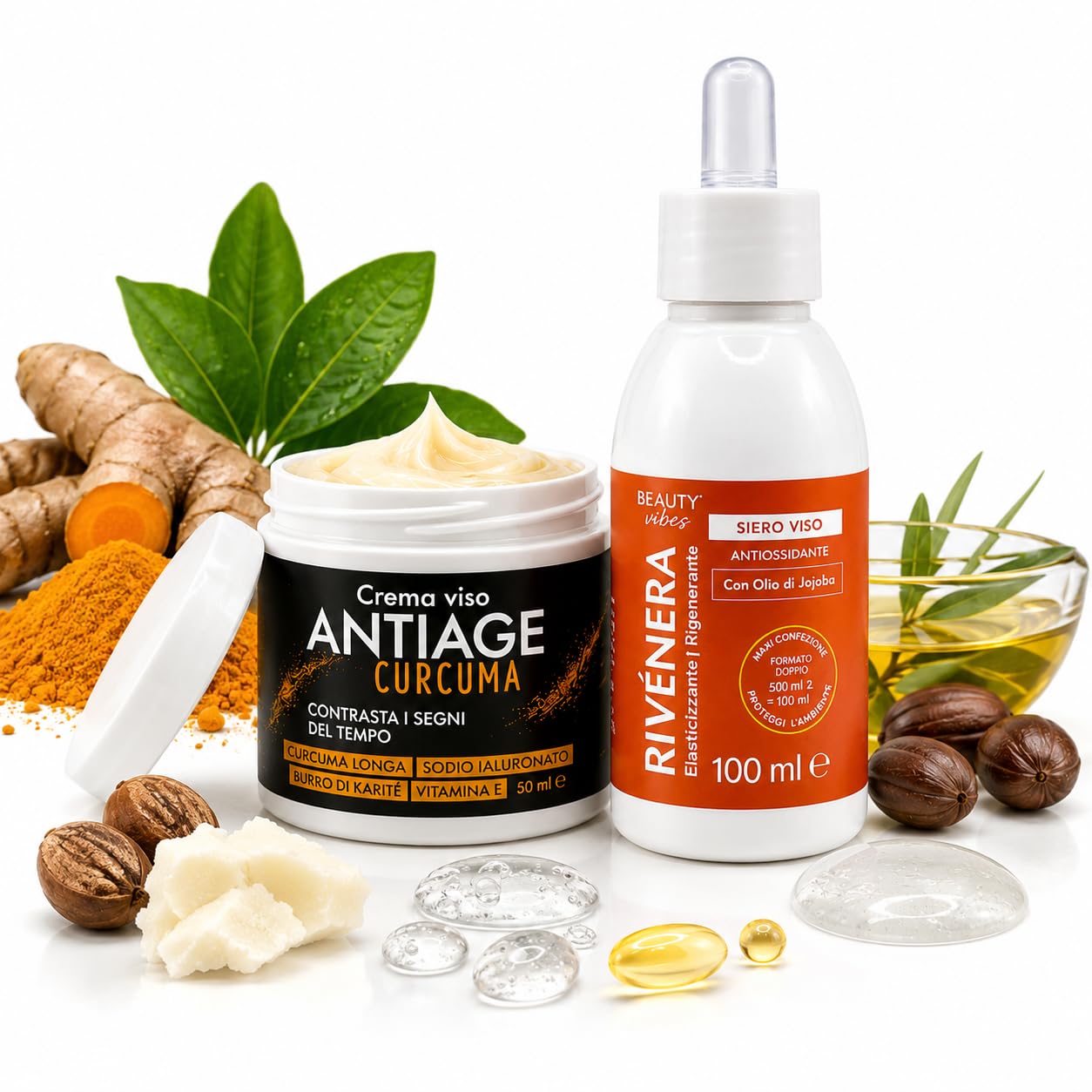 Kurkuma 50 ml krem przeciwstarzeniowy + serum do twarzy Rivenera 100 ml z olejkiem jojoba – przeciwutleniacz i nawilżający krem do twarzy – kwas hialuronowy, witamina E