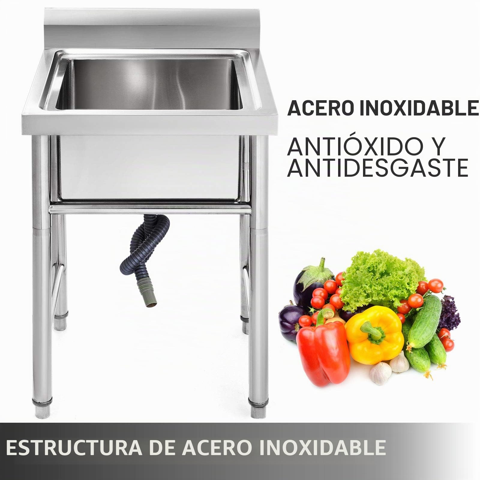 VEVOR - Fregadero de acero inoxidable para cocina, 1 bandeja para fregadero en patas de acero inoxidable antisalpicaduras, lavabo de acero inoxidable profesional para hacer la inmersión, cocina de