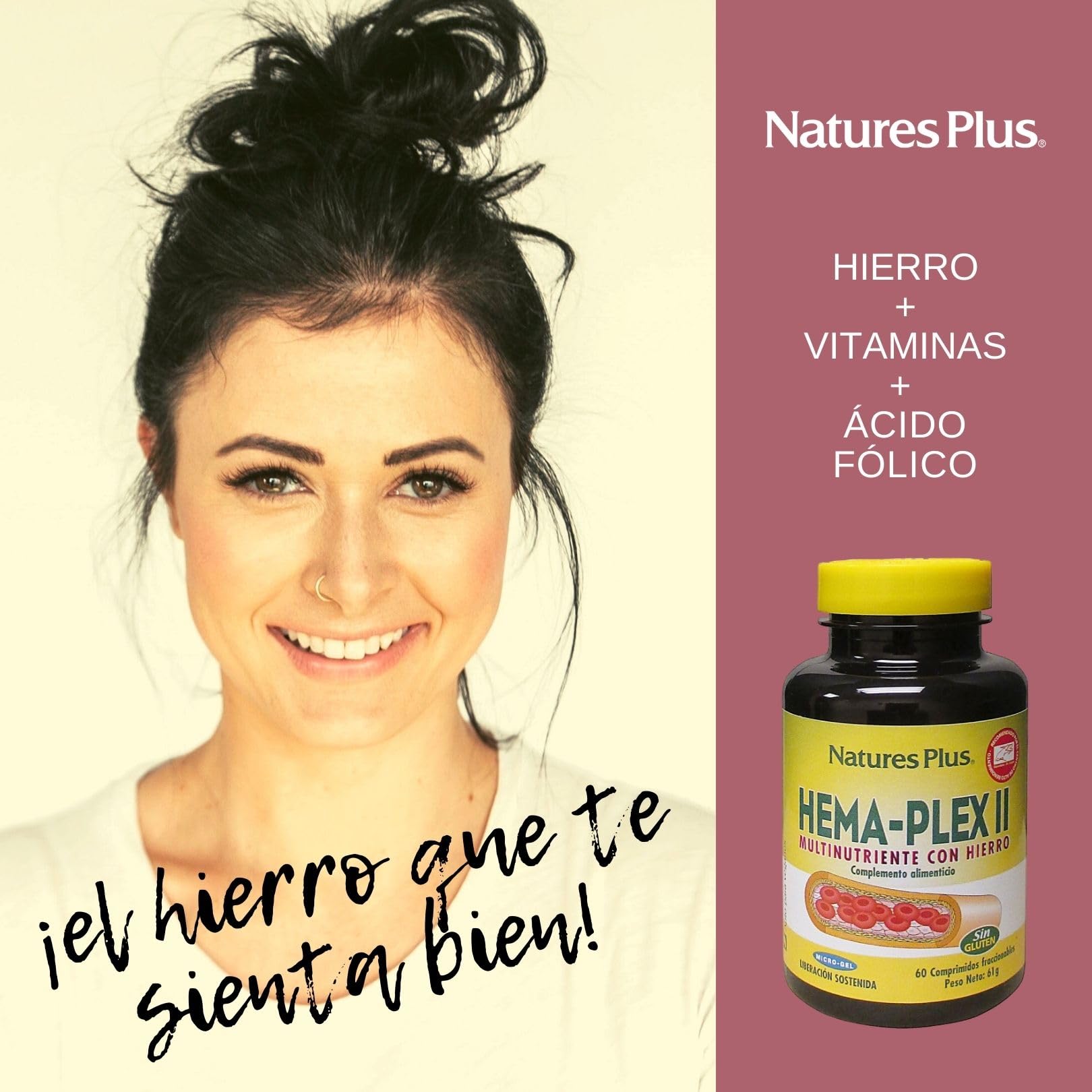 Nature´s Plus HEMA-PLEX II | 60 Comprimidos | Hierro Suplemento | Acido Folico | Vitaminas B2, B6, B12 | Complemento Alimenticio | Apto para Vegetarianos | Sin Gluten | Sabor Natural