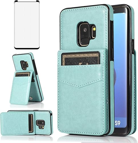 Asuwish Funda de teléfono para Samsung Galaxy S9 con protector de pantalla de vidrio templado y tarjetero para tarjetas de crédito, soporte de piel,