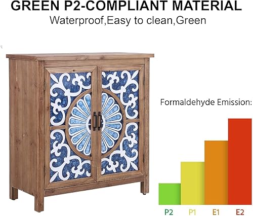 Miniatura 7 de GREEN PARTY Armario de almacenamiento estilo retro tallado con 2 puertas patrón de porcelana, organizador de almacenamiento independiente para