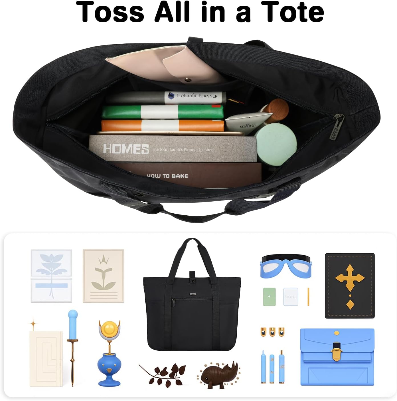 Voova Tote Bag for Women, Large Capacity Tote Bag with Zipper, Foldable Shoulder Bag Handbag for Work,Travel,Shopping,Beach - Image 2