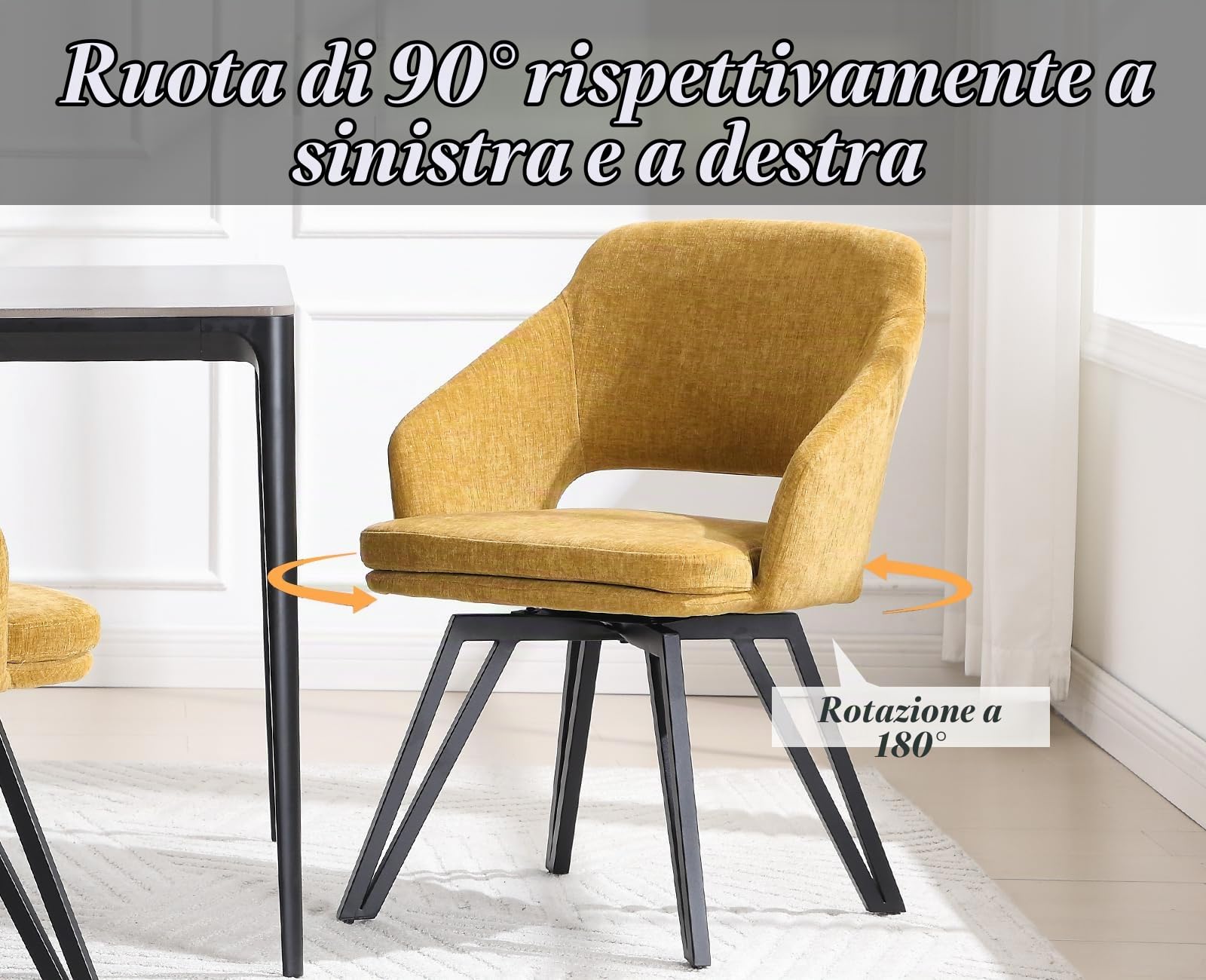 chairus 2 PZ Sedie da Cucina Girevoli Sedia da Pranzo in Ciniglia, Giallo | Poltroncina Imbottita con Gambe in Metallo Sedia Moderna per Sala da Pranzo/Soggiorno