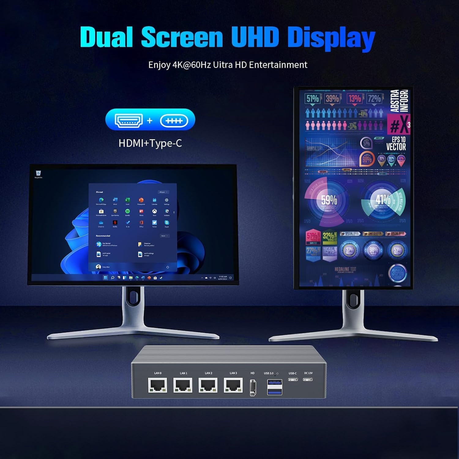 HEIGAOLAPC 4-Port 2.5G Firewall Mini PC, Intel N100, Preinstalled Windows 11 Pro, 8GB RAM 128GB eMMC, Fanless Network Appliance for PfSense/OPNsense, Homelab, Astrophotography