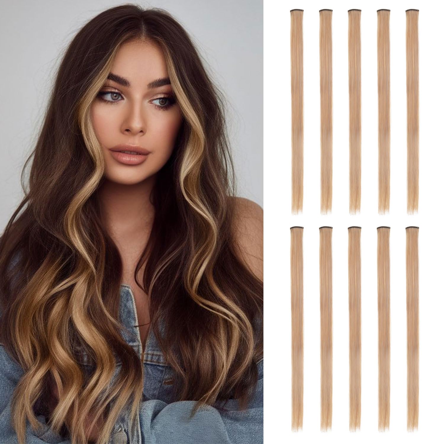 Photo 1 of 10 Pcs Colored Clip in Hair Extensions 22 Inch Brown Mixed Blonde Clip in Long Straight Synthetic Hair Extensions Highlight for Women Halloween Christmas Party(Brown Mixed Blonde)