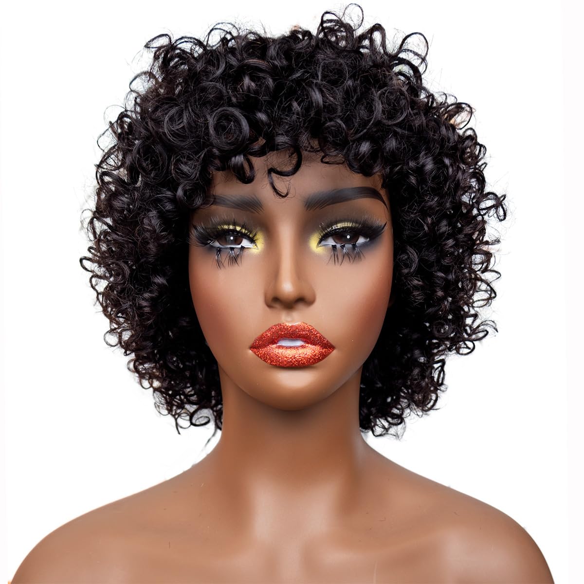 HairyFairy short curly wigs, 100% human hair wigs for black women, human hair wig with bangs glueless, machine made, no lace, light and comfortable (natural black, 12 inches)