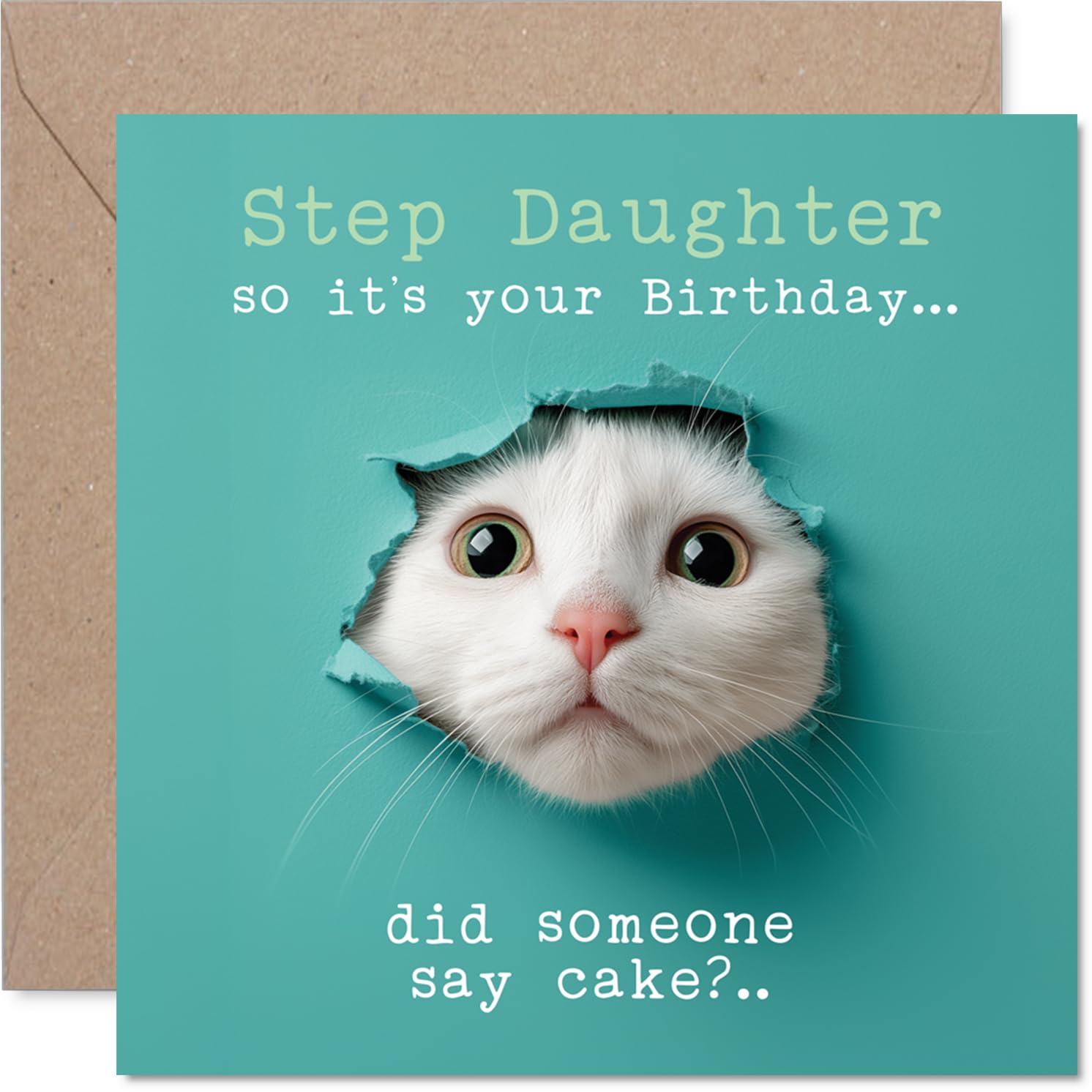 Step Daughter Birthday Card - Catty Cake Catty Cake - Happy Birthday Card for Step Daughter from Dad Mum, 145mm cute cat humorous Bday Greeting Cards