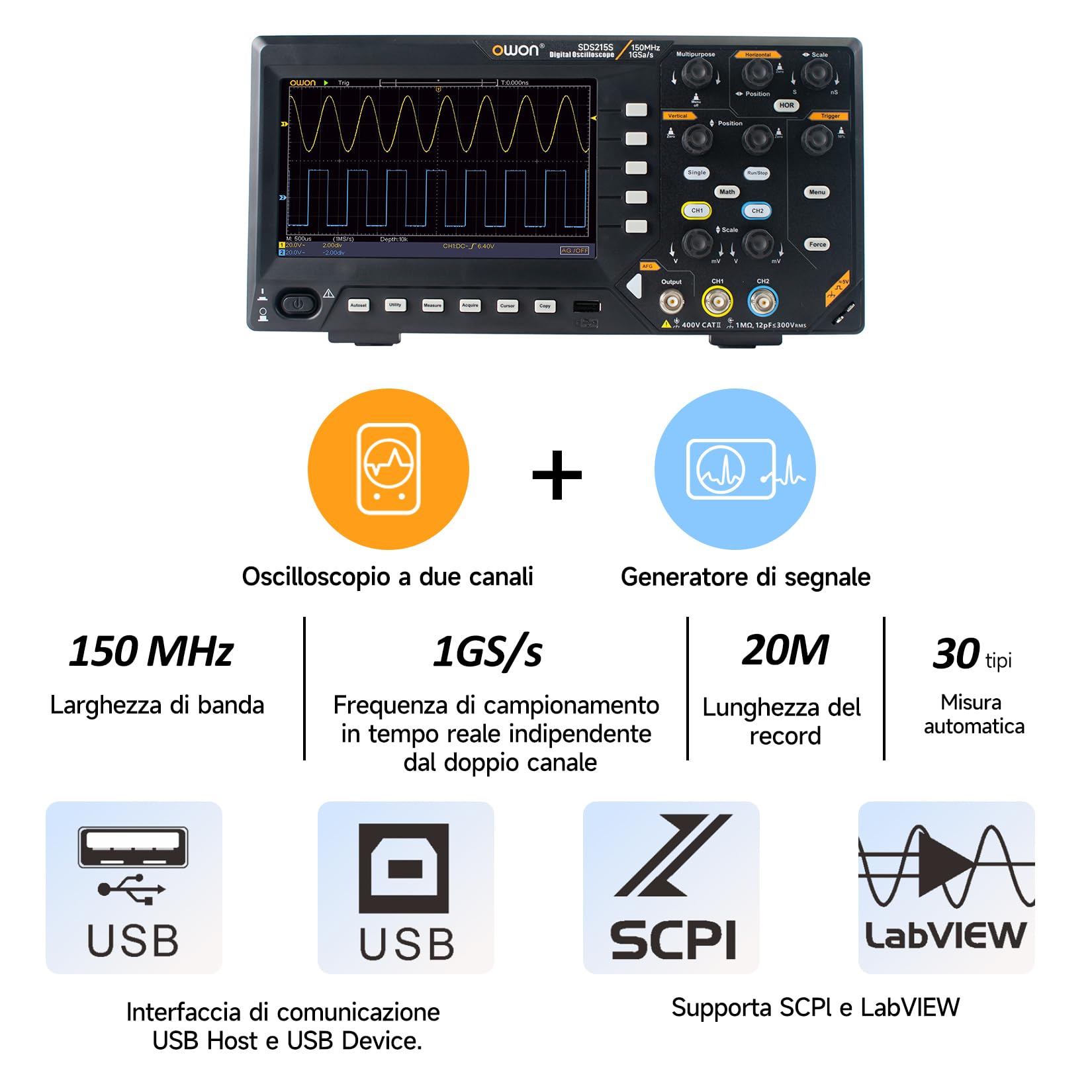 Oscilloscopio a doppio canale OWON con display LCD TFT da 7 pollici, oscilloscopio portatile con frequenza di campionamento di 1GS/s, larghezza di banda di 150 MHz SDS215S