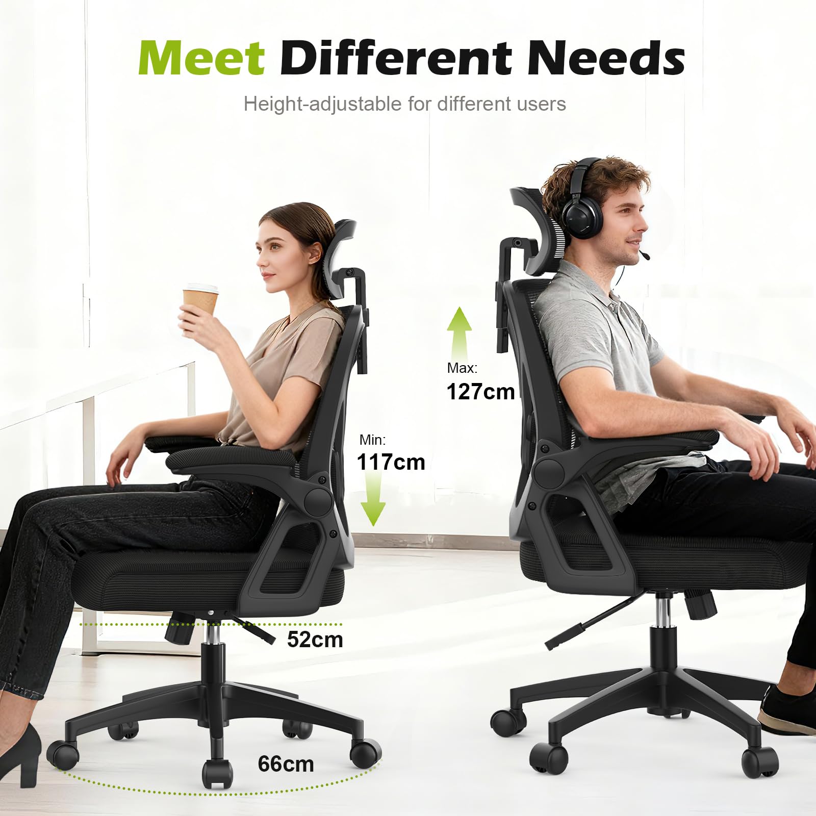 Bürostuhl, ergonomischer Schreibtischstuhl mit gepolsterter Lendenwirbelstütze und hochklappbaren Armlehnen – Computerstuhl mit hoher Rückenlehne, verstellbarer Kopfstütze und bequemem Sitzkissen zum