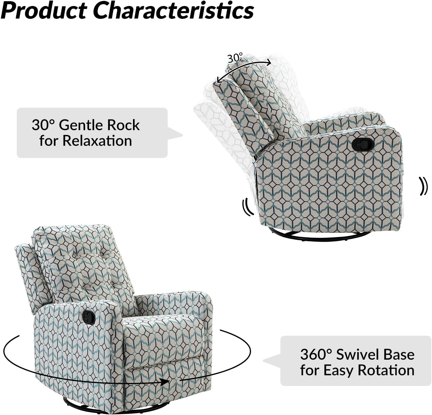 HULALA Home Recliner Chair Modern Printed Fabric for Living Room, Wingback Rocker Recliner Sofa Comfy Armchair 360 Degree Swivel, Nursery Rocking Chairs with Adjustable Backrest & Footrest/Ivory