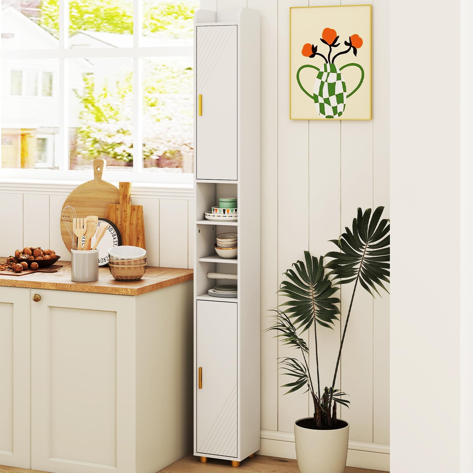 COSTWAY Armario Alto de Baño con 2 Puertas y Estantes Ajustables, Barra para Papel Higiénico y Gancho Lateral, Diseño Antivuelco, Mueble Columna Delgado, 20x20x180 cm(Blanco)