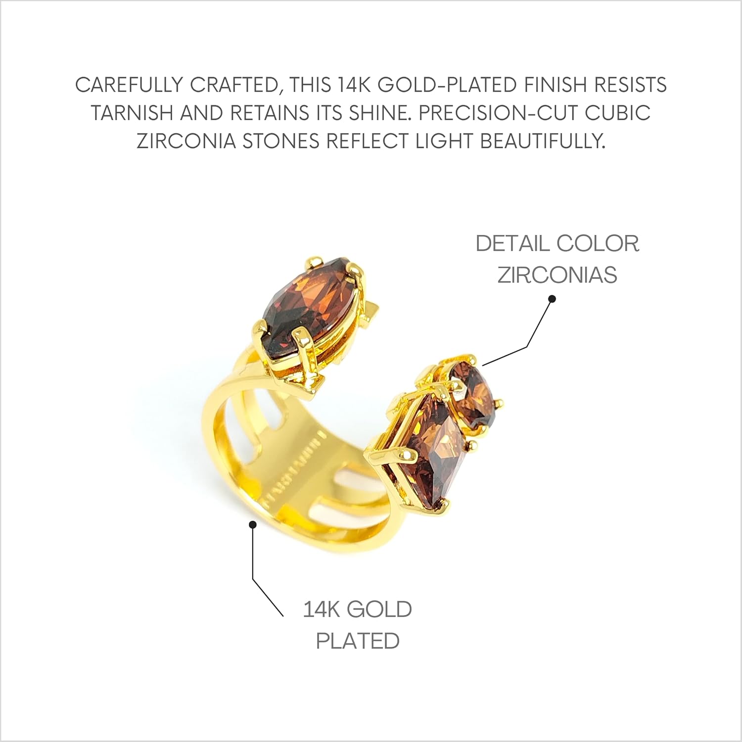 MAR MANUEL Marquiz Rings for Women - Adjustable Ring with Three Zircon Stones, 14K Gold Plated Jewelry - Two Adjustable Sizes for All (Smoke Zirconia, 8)