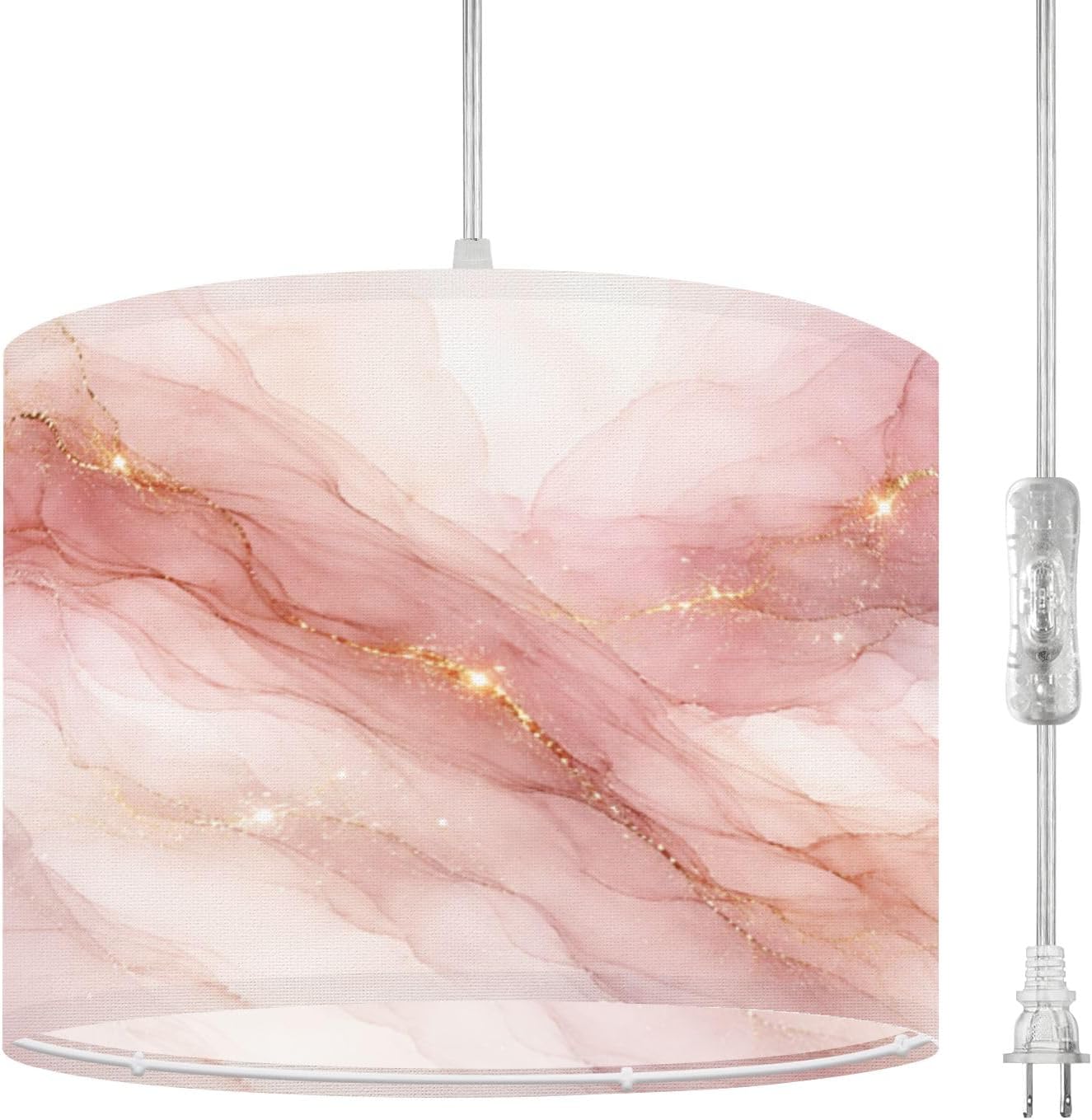 Plug in Pendant Light Abstract dusty rose blush liquid watercolor gold dots lines Pastel Hanging Light with Plug in Clear Cord Dimmable Switch Linen Shade Hanging Lamp Fixture for Bedroom Kitchen