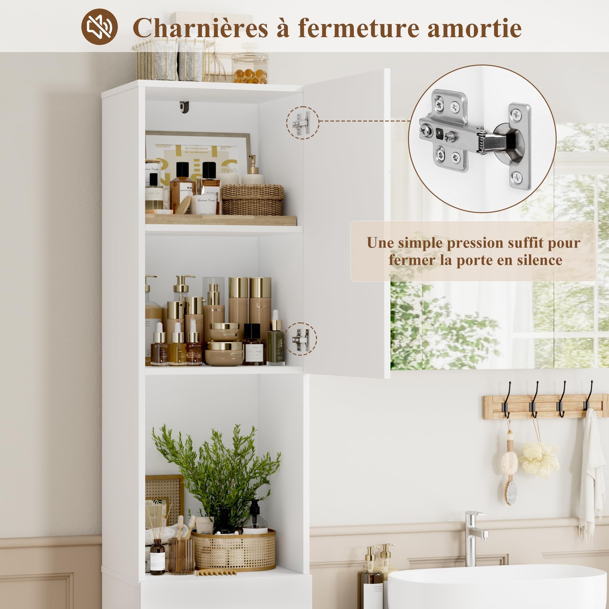 FOREHILL Meuble Colonne Salle de Bain 180cm Armoire de Salle de Bain Blanc | Meuble salle de bain étroit, 37x30x180cm, Armoire haute, colonne salle de bain avec 2 portes 1 tiroir, Gain de place, Moderne