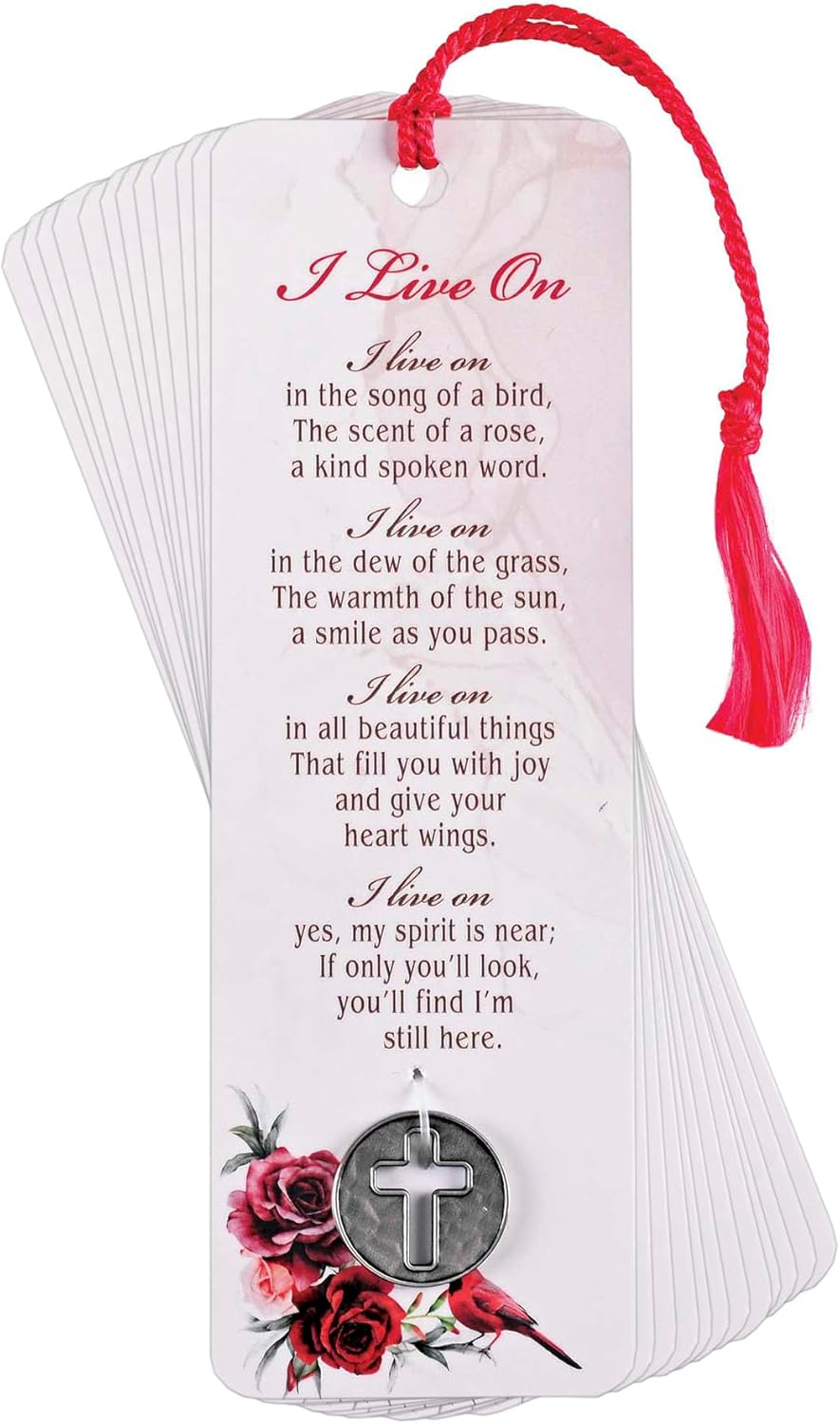 Dicksons Cardinal and Roses - I Live On, Red/White 6 x 2 Inch Paper Tassel Bookmark with Coin; Pack of 15