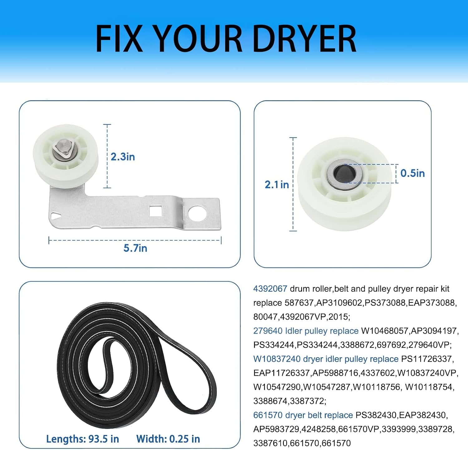 4392067 Dryer Repair Kit 5 Wheels Replacement Part for Maytag Dryer Roller Kit, Includes WPW10314173 Drum Roller, W10837240 Dryer Idler Pulley Compatible for Kenmore Elite Whirlpool Duet Dryer Parts