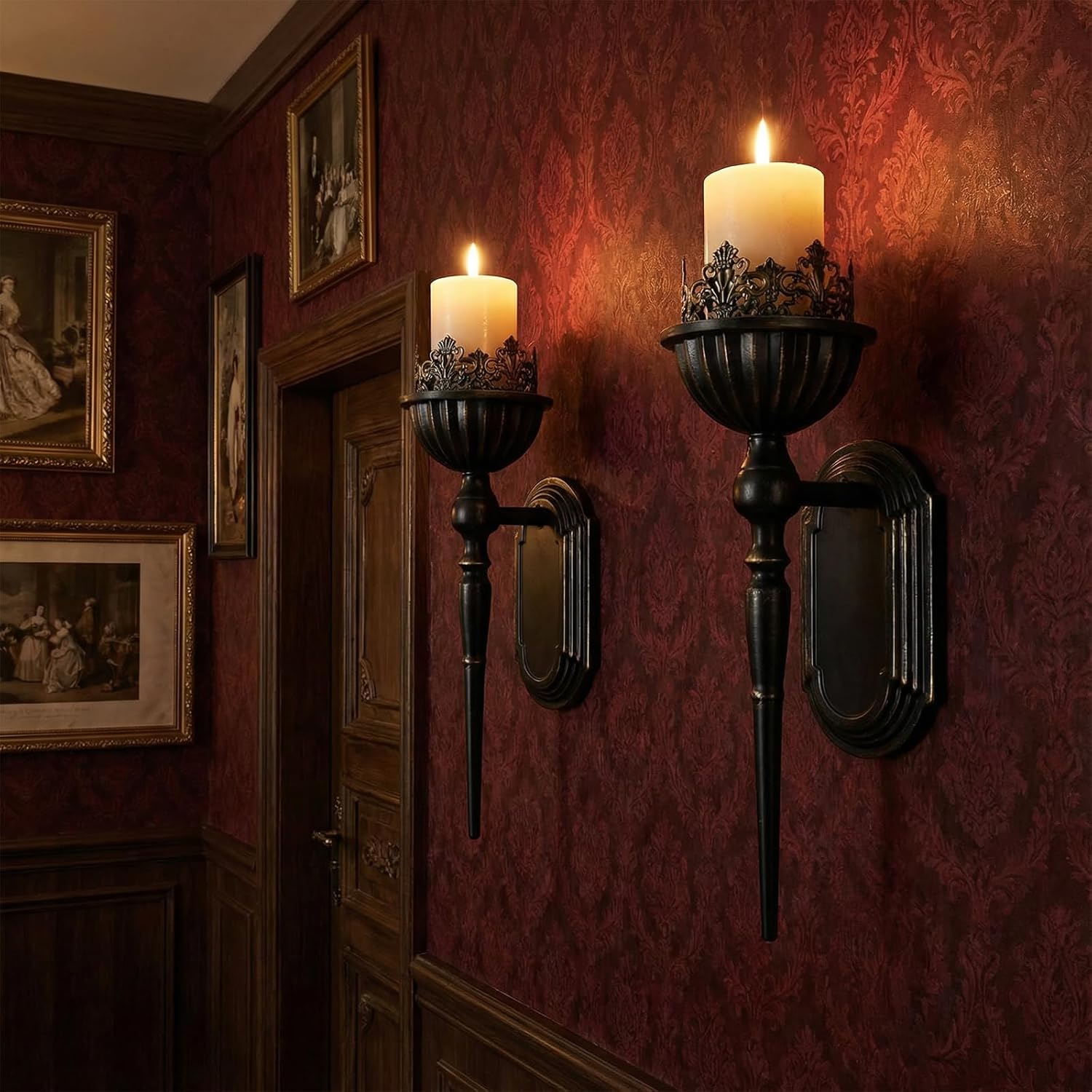 Wall Sconce Candle Holder Set, Gold Crown and Scepter Design, Iron Metal, 14.17x3.94x6.7 Inches, Wall-Mount, Modern Style, 2-Piece Set for Living Room, Bathroom, Dining Room