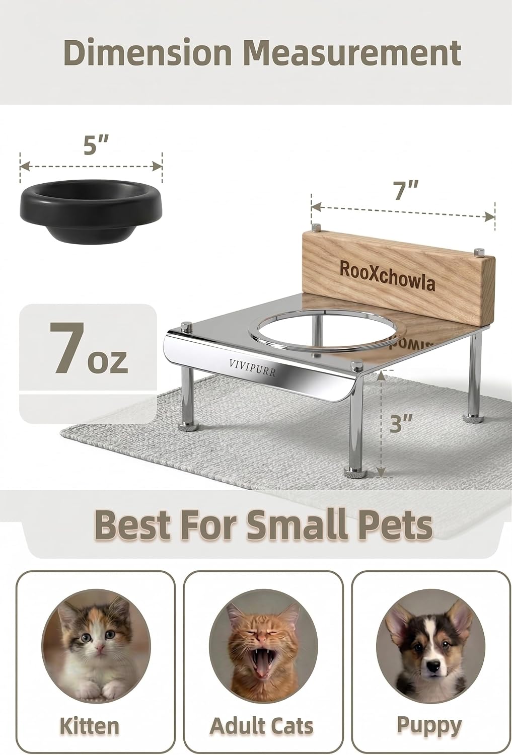 Raised Cat Food Bowl, Elevated Feeder with Ceramic Cat Bowl and Hand Polisher 304 Stainless Steel Stand,7 OZ Elevated Cat Bowls for Cats and Puppies